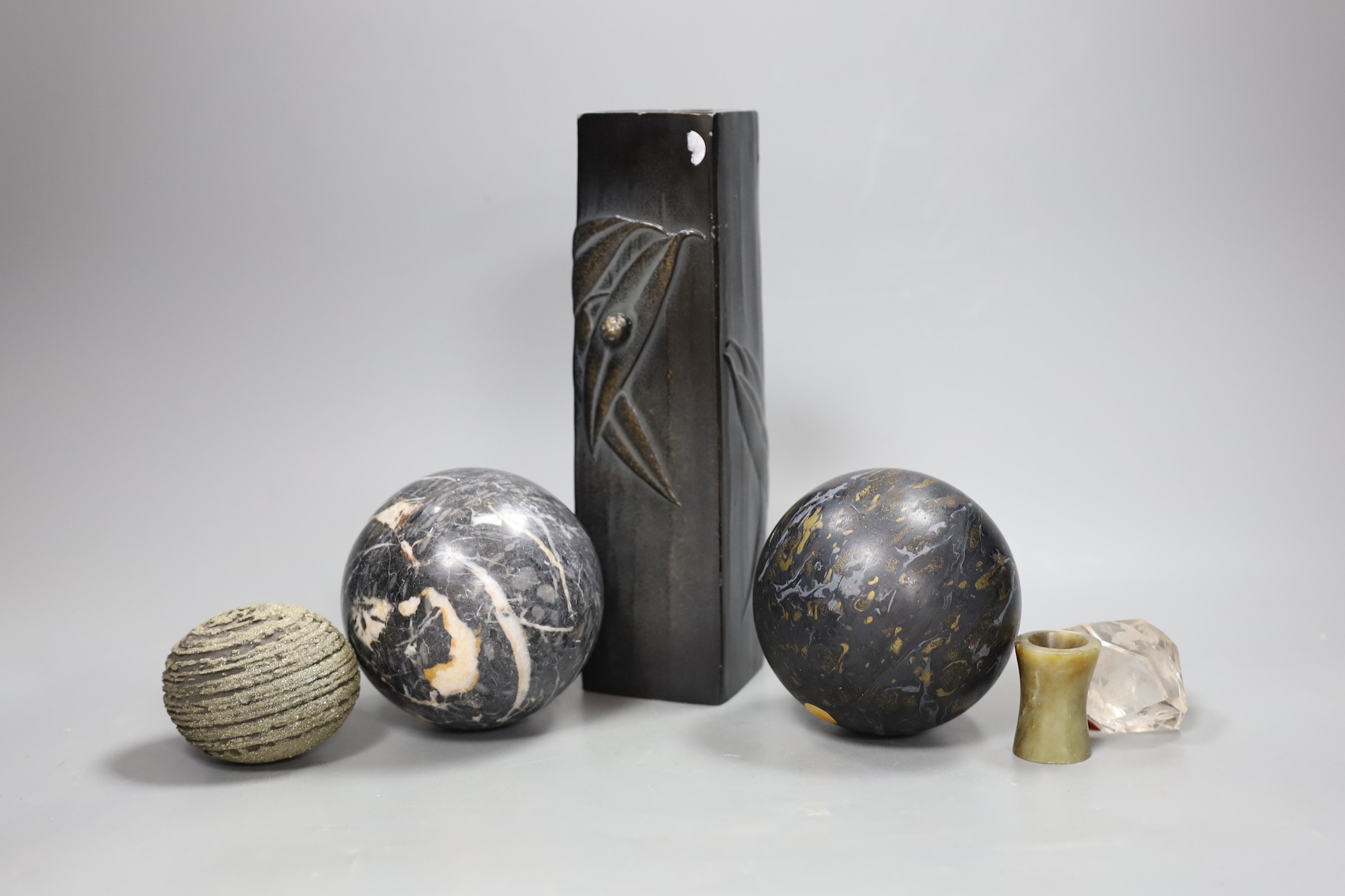 A Japanese antimony vase, 22cm high, and two marble balls